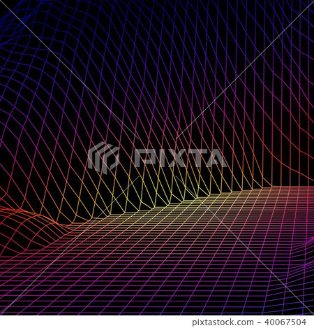 Landscape with wireframe grid of 80s styled retro computer game or science background 3d structure 40067504