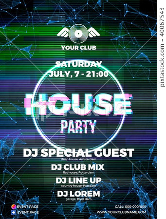 Glitch party poster with green background and circle for House party nights Glitch party poster with green background and circle for House party nights 40067543