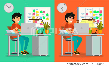 Stressed Out Man Vector. Young Coder Working At...-插圖素材 [40068459 ...