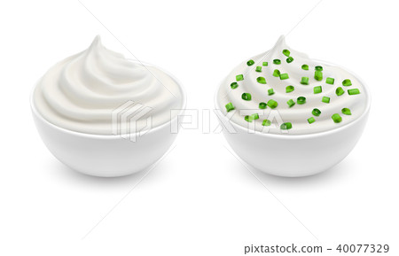 Vector bowls with sour cream and sliced chives Vector bowls with sour cream and sliced chives 40077329