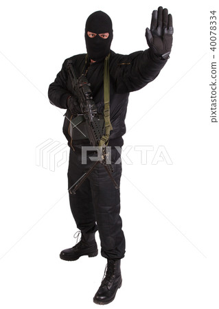 robber in black uniform with m4 rifle isolated robber in black uniform with m4 rifle isolated 40078334