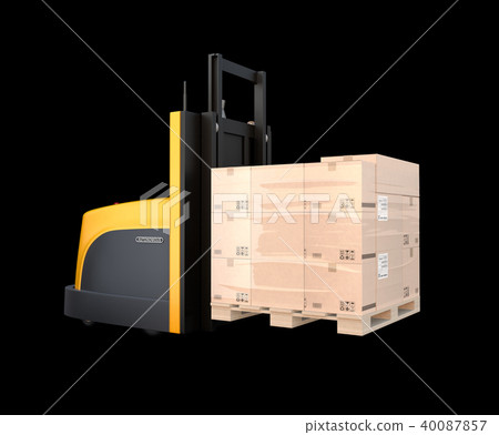 Image of a battery operated autonomous forklift truck carrying cargo pallets on a black back 40087857