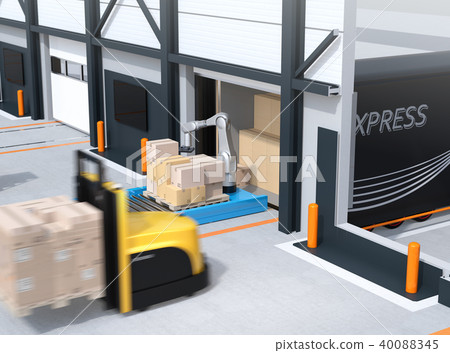 運載包裝貨物的自動叉車的圖像和從卡車床卸載貨物的機器人 40088345