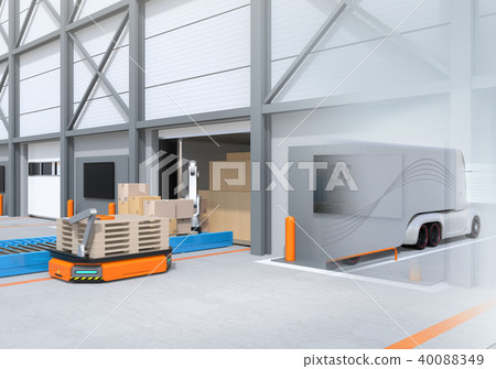 Image of AGV automatic carrier carrying wooden pallet, robot unloading cargo from truck bed 40088349
