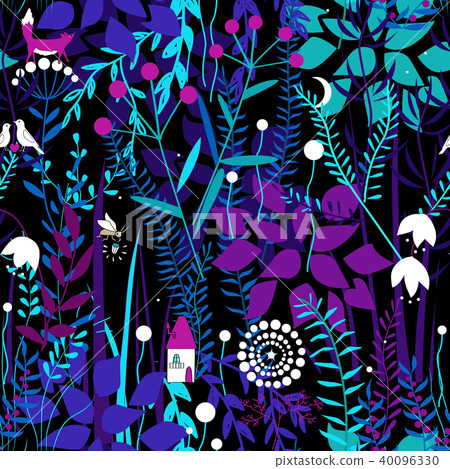 Vector seamless pattern with night forest plants - Stock Illustration ...