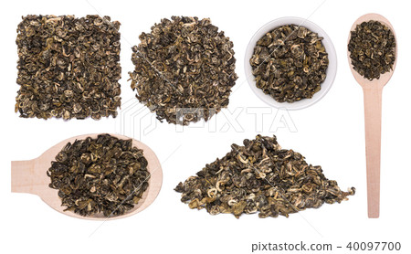 Big set of dry green tea Bilochun snail isolated on white background 40097700