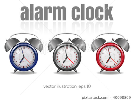 Multicolored alarm clocks on a white background. 40098809