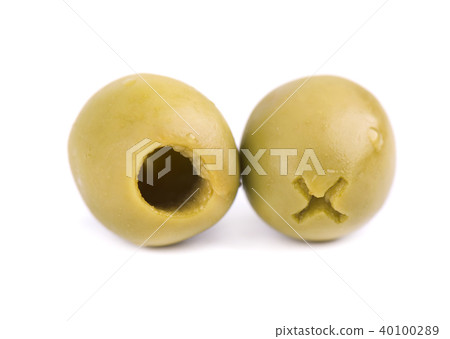 Pitted and marinated green olives in wooden bowl, isolated on white background. Pitted and marinated green olives in wooden bowl, isolated on white background. 40100289