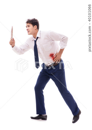 Wounded businessman with blood stains isolated on white backgrou 40101066