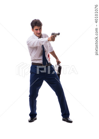 Businessman wounded in gun fight isolated on white 40101076