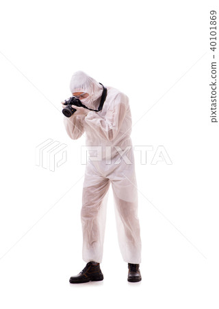 Forensic specialist in protective suit taking photos on white 40101869