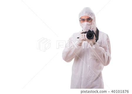 Forensic specialist in protective suit taking photos on white Forensic specialist in protective suit taking photos on white 40101876