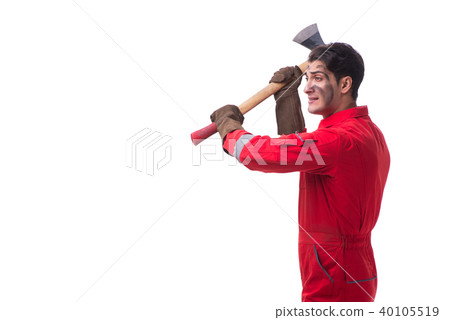 Contractor employee with axe on white background Contractor employee with axe on white background 40105519