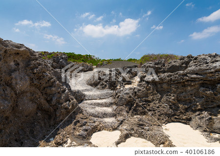 An uplifting coral reef island with a limestone coastline of coral origin An uplifting coral reef island with a limestone coastline of coral origin 40106186
