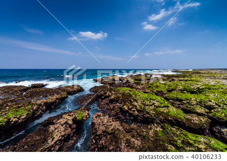 An uplifting coral reef island with a limestone coastline of coral origin 40106233