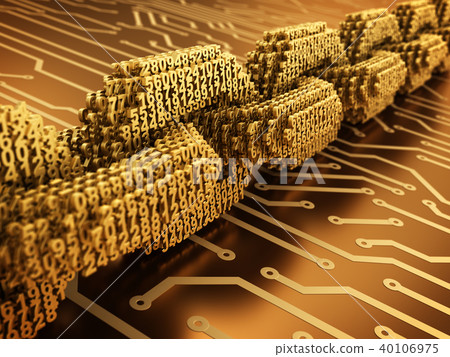 Concept Of Blockchain. Gold Digital Chain Of Interconnected 3D Numbers On Gold Printed Circuit Board Concept Of Blockchain. Gold Digital Chain Of Interconnected 3D Numbers On Gold Printed Circuit Board 40106975