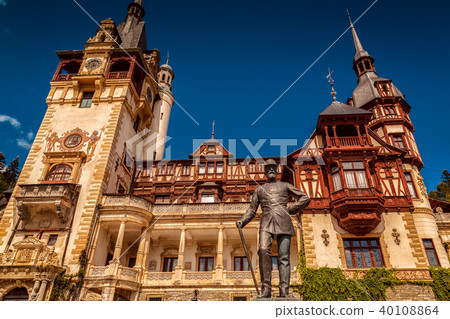 Peles Castle and Charles I statue in Sinaia, Roman 40108864