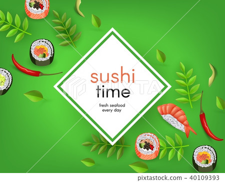 Japanese sushi banner with rolls, ebi nigiri, avocado and chili pepper isolated on gradient green 40109393