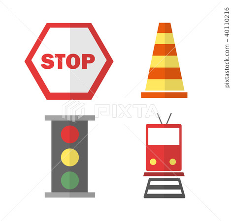 icons set about Transportation. with train, stop sign, cone and traffic light icons set about Transportation. with train, stop sign, cone and traffic light 40110216