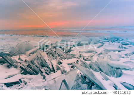 Sunrise over froze water lake Baikal Russia 40111653