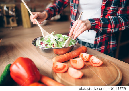 Male cook hands, vegetable salad cooking Male cook hands, vegetable salad cooking 40115759