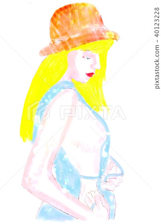 Beautiful girl in a hat looking down Beautiful girl in a hat looking down 40123228