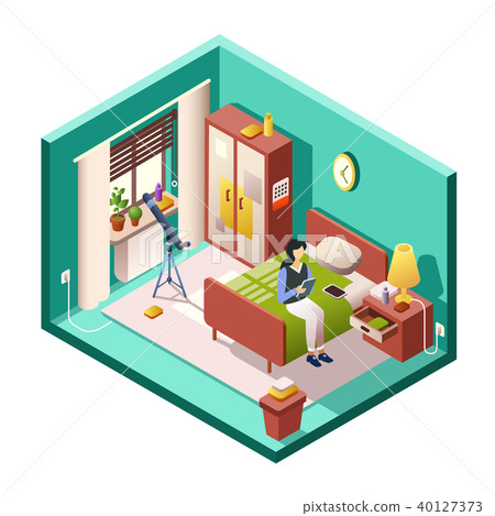 Girl or woman bedroom vector illustration of isometric room cross section Girl or woman bedroom vector illustration of isometric room cross section 40127373