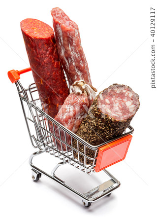 Salami smoked sausage in shopping cart on white background Salami smoked sausage in shopping cart on white background 40129117