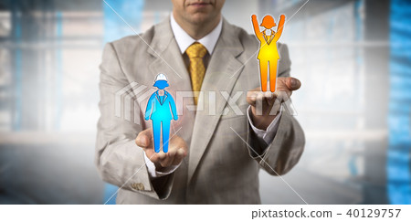 Man Raising Female Employee Above Blue Collar Man Raising Female Employee Above Blue Collar 40129757