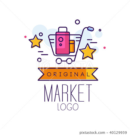 Market original logo, bright sale badge with shopping cart, design element for shop, sale banner 40129939