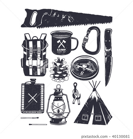 Vintage hand drawn camping symbols. Hiking icons in retro monochrome style. Silhouette mountain 40130081