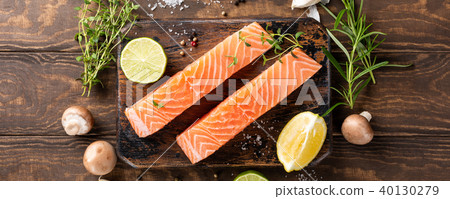 Fresh raw salmon fillet, flat lay 40130279