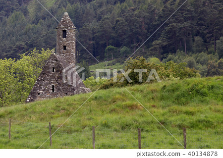 Medieval monastery Glendalough on the green island 40134878