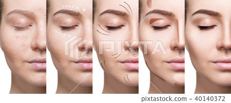 Collage of woman applying makeup step by step. Collage of woman applying makeup step by step. 40140372