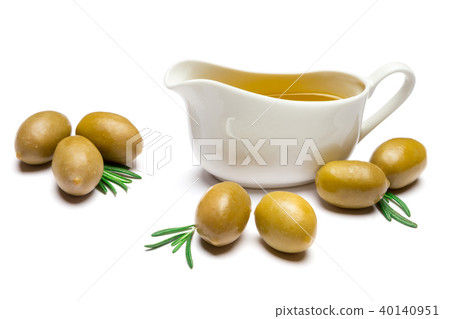 green olives ond olive oil isolated on white background green olives ond olive oil isolated on white background 40140951