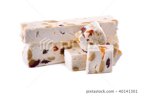 Nut nougat with dried fruit, sweet candy isolated on white background Nut nougat with dried fruit, sweet candy isolated on white background 40141301