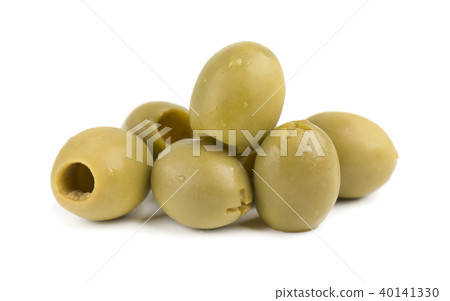 Pitted and marinated green olives, isolated on white background. Pitted and marinated green olives, isolated on white background. 40141330