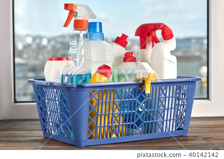 Cleaning products and supplies in a basket. Cleaning products and supplies in a basket. 40142142
