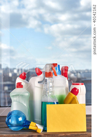 Assorted household cleaning products. Assorted household cleaning products. 40142162