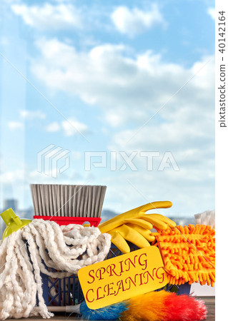 Spring cleaning concept with supplies. Spring cleaning concept with supplies. 40142164