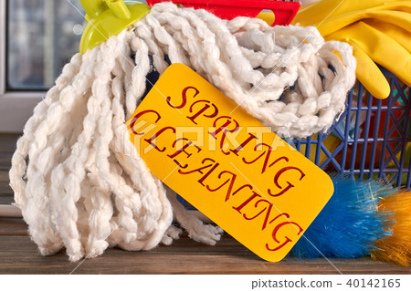 Spring cleaning concept with supplies. Spring cleaning concept with supplies. 40142165