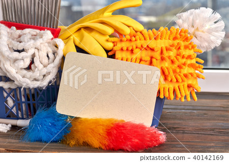 Close up house cleaning supplies. 40142169