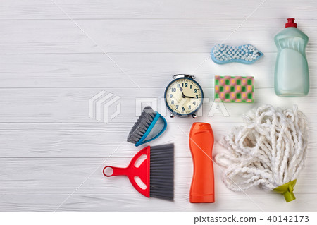 House cleaning equipment on wooden background. 40142173