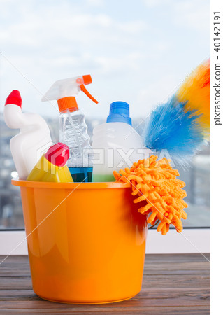 Yellow Bucket With Cleaning Supplies Isolated On White Background Stock  Photo, Picture and Royalty Free Image. Image 11733199.