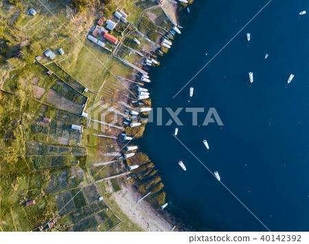 Aerial photo of boats at lake Titicaca Aerial photo of boats at lake Titicaca 40142392