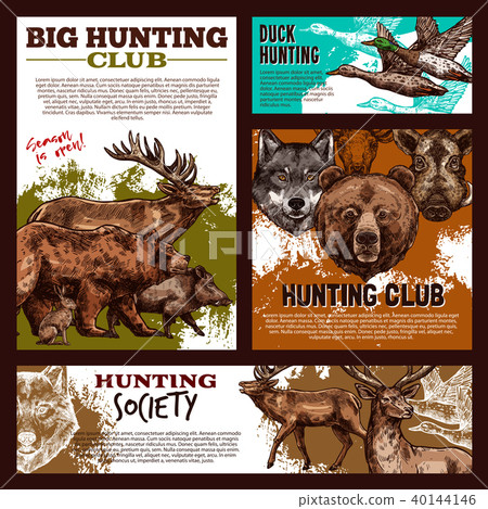 Hunting banner with wild animal and bird sketch Hunting banner with wild animal and bird sketch 40144146