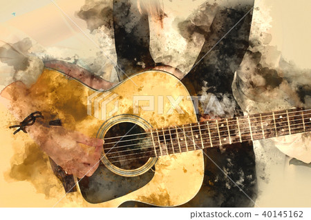 Playing acoustic guitar watercolor painting 40145162