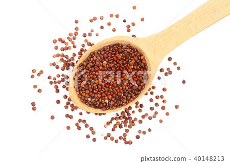 red quinoa seeds in wooden spoon isolated on white background. Top view 40148213