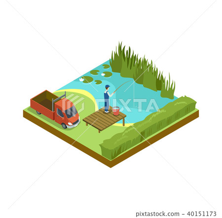 Man fishing in lake isometric 3D element Man fishing in lake isometric 3D element 40151173