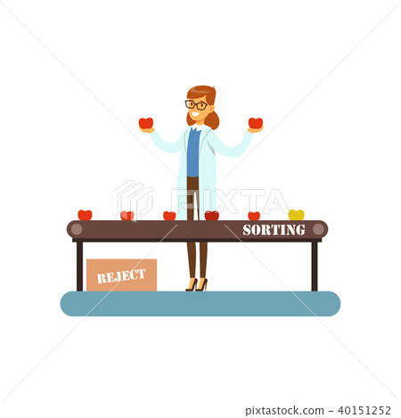 Female worker sorting fruit on conveyor line, juice production process stage vector Illustration on Female worker sorting fruit on conveyor line, juice production process stage vector Illustration on 40151252